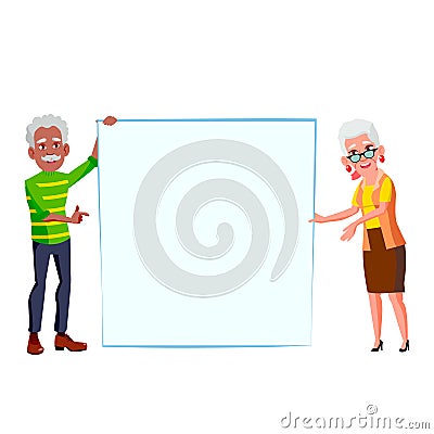 Man And Woman Pensioner Hold Blank Banner Vector Stock Photo