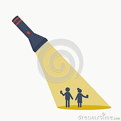 A man and a woman with phone in the light of a pocket flashlight. Template for text. Place of advertisement. Vector Illustration