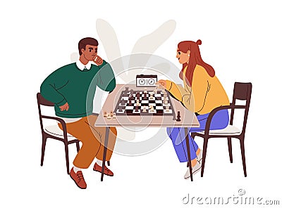 Man, woman playing chess at game board at table. Chessboard players competitors, two rivals at international tournament Vector Illustration