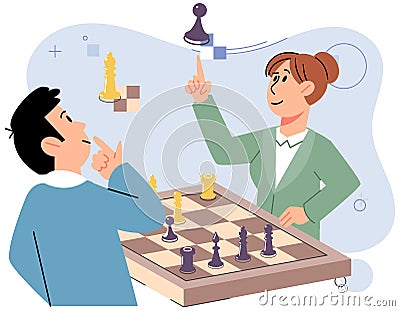 Man and woman playing chess at table. Sport tournament, intelligence hobby, chessboard with figures Vector Illustration