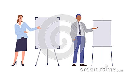 Man and woman presenters cartoon characters standing at board pointing at white copy space Vector Illustration