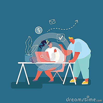 Man and Woman Programmers Working on Computer with Code on Screen Illustration. People Characters with Laptop Vector Illustration