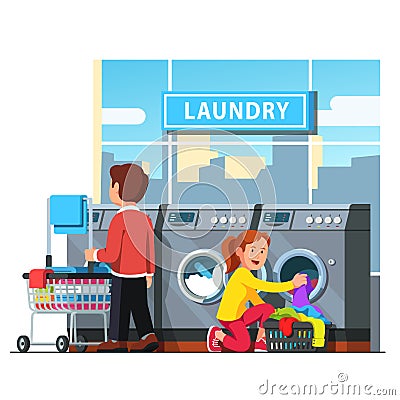 Man and woman in public self service laundromat Vector Illustration