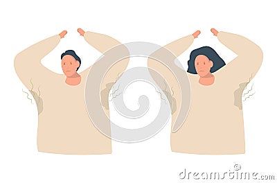 The man and woman raise their hands up and show sweaty armpits. They do not like it and they have upset faces. Sweat Vector Illustration