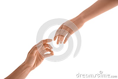 Man and woman reaching out to one another Stock Photo