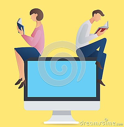 Man and woman reading book sitting on a computer vector Vector Illustration