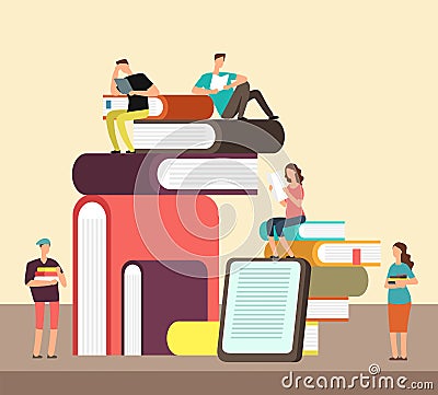 Man and woman reading books. People and book creative idea cartoon flat concept. Book festival vector poster Vector Illustration