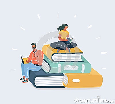 Man and woman reading books sitting on many books Vector Illustration