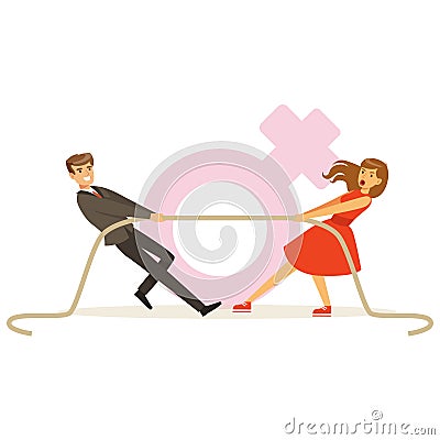 Man and woman in red dress pulling a rope, feminism colorful characters vector Illustration Vector Illustration