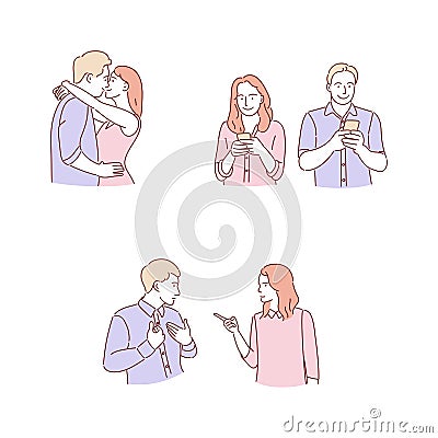 Man and woman relationships hand drawn doodle style illustration. Vector Illustration