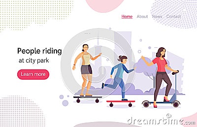Man and woman ride gyroscooter an urban street city park Vector Illustration