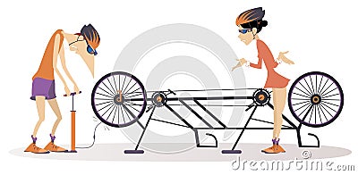 Man and woman ride on tandem bike. Broken tandem bike Vector Illustration