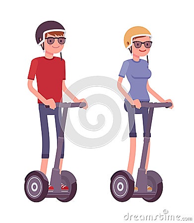 Man and woman riding black electric scooters Vector Illustration