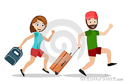 Man and a woman run with suitcases on vacation, on a white background Stock Photo