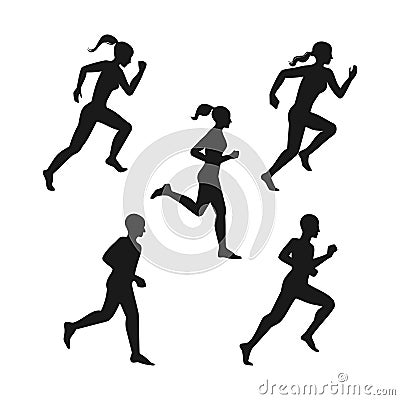 Man and woman running. Set of black silhouettes of running men and women. Vector. Cartoon Illustration