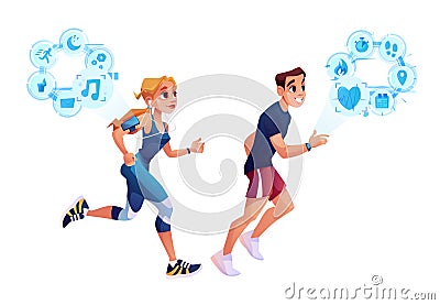 Man woman running with smart watch health tracker Vector Illustration