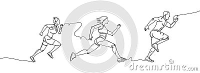Man and woman running, sprinter set one line art. Continuous line drawing sports, fitness, physical education, athletics Vector Illustration