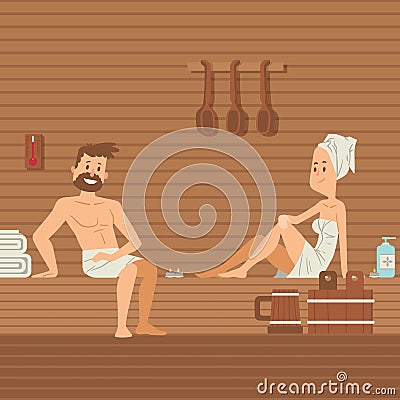 Man and woman in sauna vector illustration. People in towels sitting in hot sauna, romantic leisure couple. Wellness spa Vector Illustration