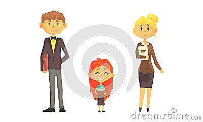 Man and Woman School Teacher or Educator and Girl Pupil with Book Vector Set Vector Illustration