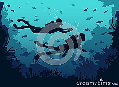 Man and woman scuba divers silhouette swimming in deep sea. Vector Illustration