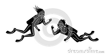 Man and woman scuba diving silhouettes Vector Illustration