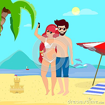 Man and Woman on Seaside Background Making Selfie Stock Photo