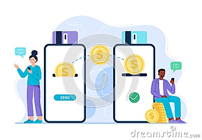 A man and woman send and receive money via a smartphone app. Application for online transactions. Concept of money Vector Illustration