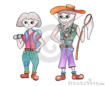 Man and woman senior traveler hand-drawn illustration. Smiling aged traveller. Grandmother and grandfather character. Cartoon Illustration