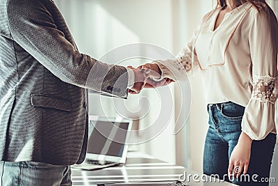 Man and woman are shaking hands in office Stock Photo