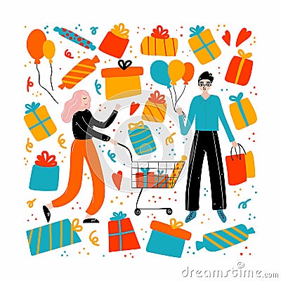 Man and woman shopper with shopping package. Modern male character with gifts and box presents with wrapping paper and balloon in Vector Illustration