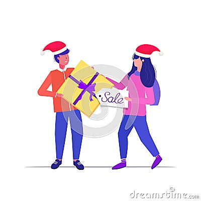 Man woman shoppers in santa hats fighting for last gift box customers couple on seasonal shopping sale fight concept Vector Illustration