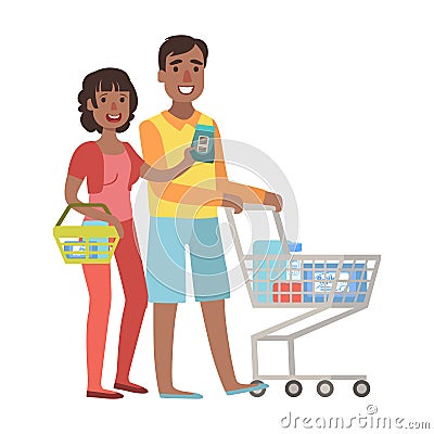 Man And Woman Shopping For Groceries In Supermarket With Shopping Cart, Illustration From Happy Loving Families Series Vector Illustration