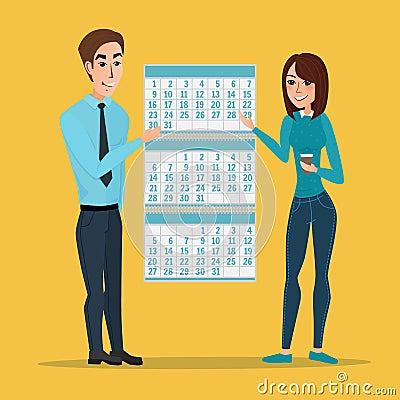 Man and woman show Deadline and calendar, time and time running Vector Illustration