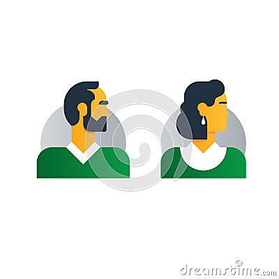 Man, woman side view, half face head, clerk service, techer, office staff Vector Illustration