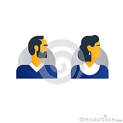 Man, woman side view, half face head, clerk service, techer, office staff Vector Illustration
