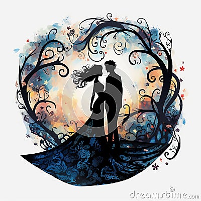 Dreamy Watercolor Florals: Silhouette Of Couple Wedding Clipart Stock Photo