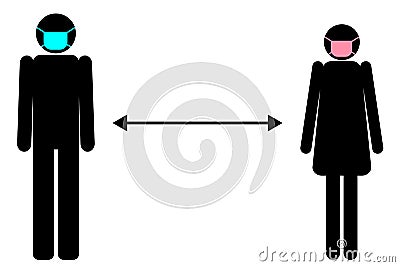 Man woman silhouette wearing face surgical mask distance icon flat vector isolated Vector Illustration