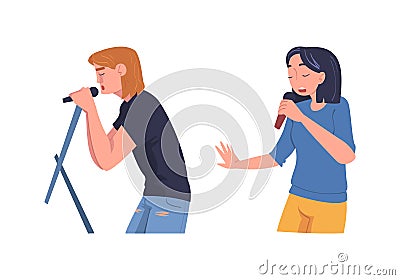 Man and Woman Singer and Musician with Microphone Performing Music on Stage Vector Set Vector Illustration