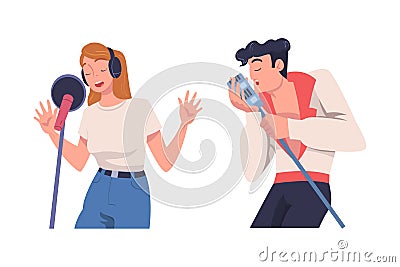 Man and Woman Singer and Musician with Microphone Performing Music on Stage Vector Set Vector Illustration