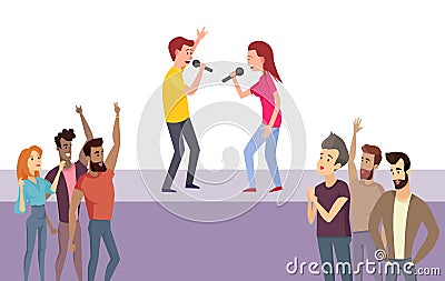 Karaoke party, People Singing Song on Stage Vector Vector Illustration