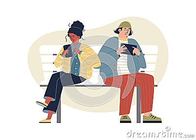 Man and woman sitting on bench addicted to the Internet and phone, flat vector illustration isolated on white. Vector Illustration