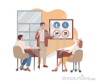 Man and woman sitting in classroom, learning driving theory, road signs, traffic rules vector flat illustration. Vector Illustration