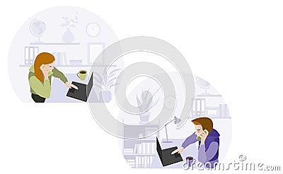 Man and woman sitting at desks working on laptops connected in network and cellphone. Set of characters. Global Vector Illustration