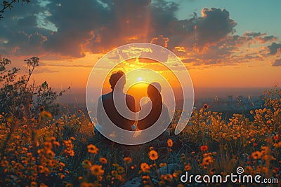 a man and a woman are sitting in a field of flowers watching the sun set Stock Photo