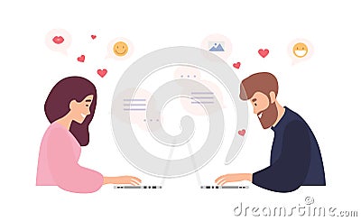 Man and woman sitting at laptops, using dating website and chatting. Romantic couple having conversation on internet Vector Illustration