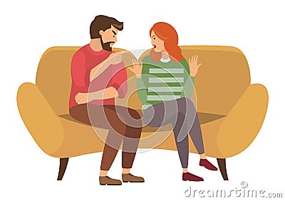 A man and a woman are sitting on a large sofa. A couple of people quarrels sitting on the couch Vector Illustration