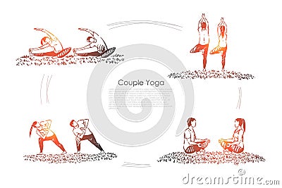 Man and woman sitting in lotus pose, healthy lifestyle, people meditating, husband and wife relaxation banner Vector Illustration