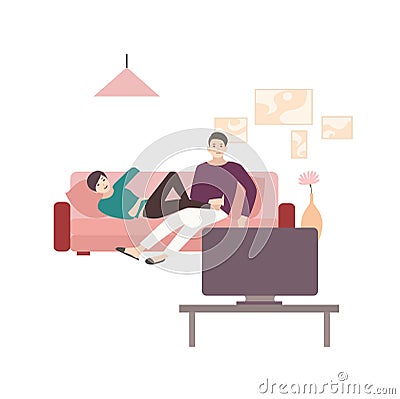 Man and woman sitting and lying on comfortable sofa and watching TV. Vector Illustration