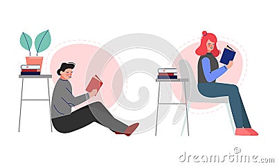 Man and Woman Sitting and Reading Interesting Book Vector Set Vector Illustration