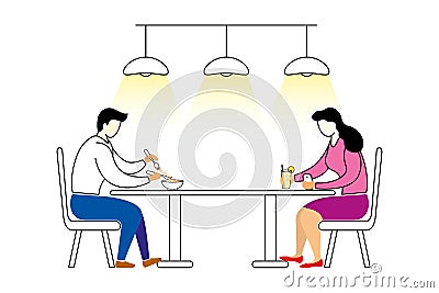Man and woman sitting in restaurant eating food & drinks new normal social distancing Vector Illustration